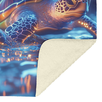 Two Sea Turtles Swimming in Glowing Bioluminescent Ocean with Ethereal Blue and Green Lights Fleece Sherpa Blanket - Awakening Righteousness