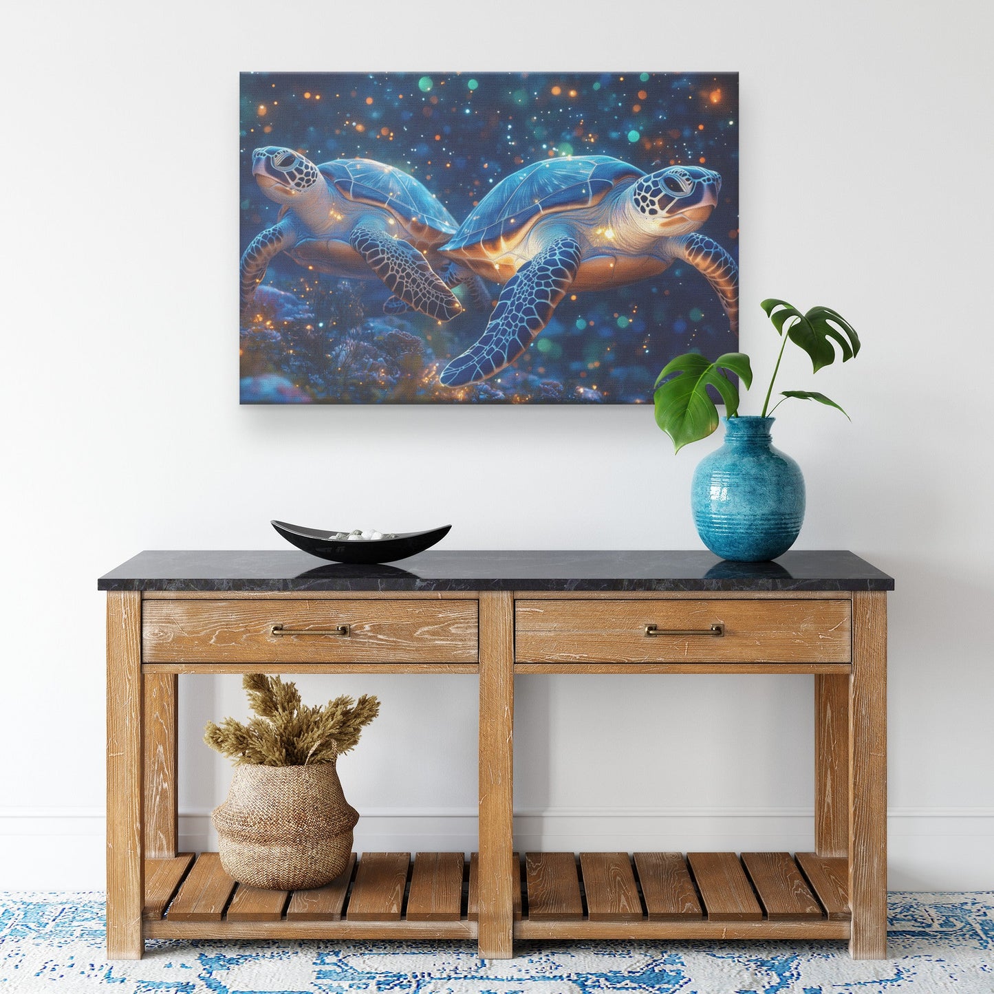 Two Sea Turtles Swimming Through Glowing Bioluminescent Ocean Surrounded by Blue and Green Lights Canvas Wall Art Decor - Awakening Righteousness