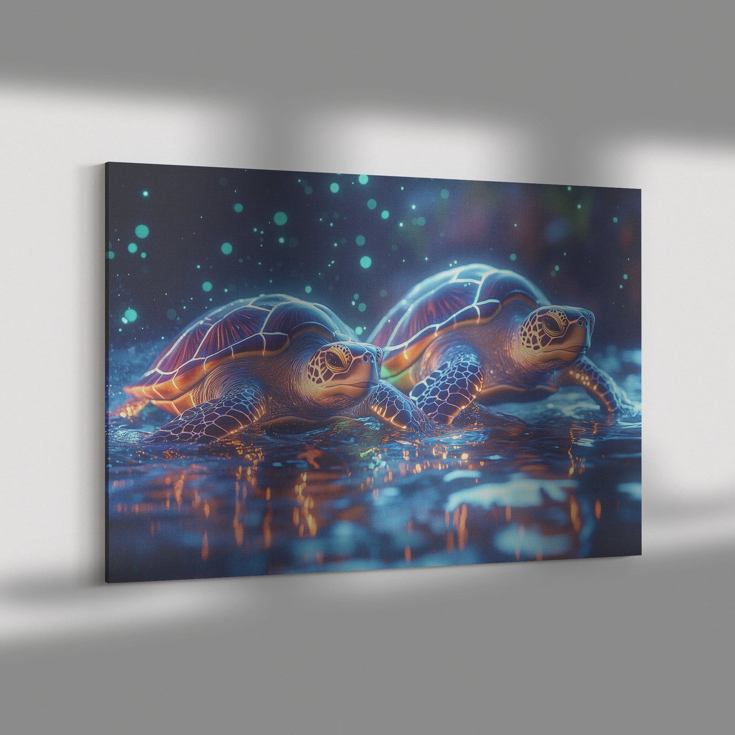 Two Sea Turtles Swimming Through Glowing Bioluminescent Ocean Surrounded by Blue and Green Lights Canvas Wall Art Decor - Awakening Righteousness