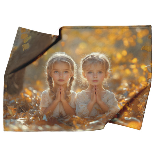 Two Sisters Praying in Autumn Forest Surrounded by Golden Leaves Cozy Christian Fleece Sherpa Blanket - Awakening Righteousness