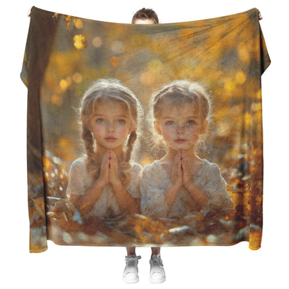 Two Sisters Praying in Autumn Forest Surrounded by Golden Leaves Cozy Christian Fleece Sherpa Blanket - Awakening Righteousness