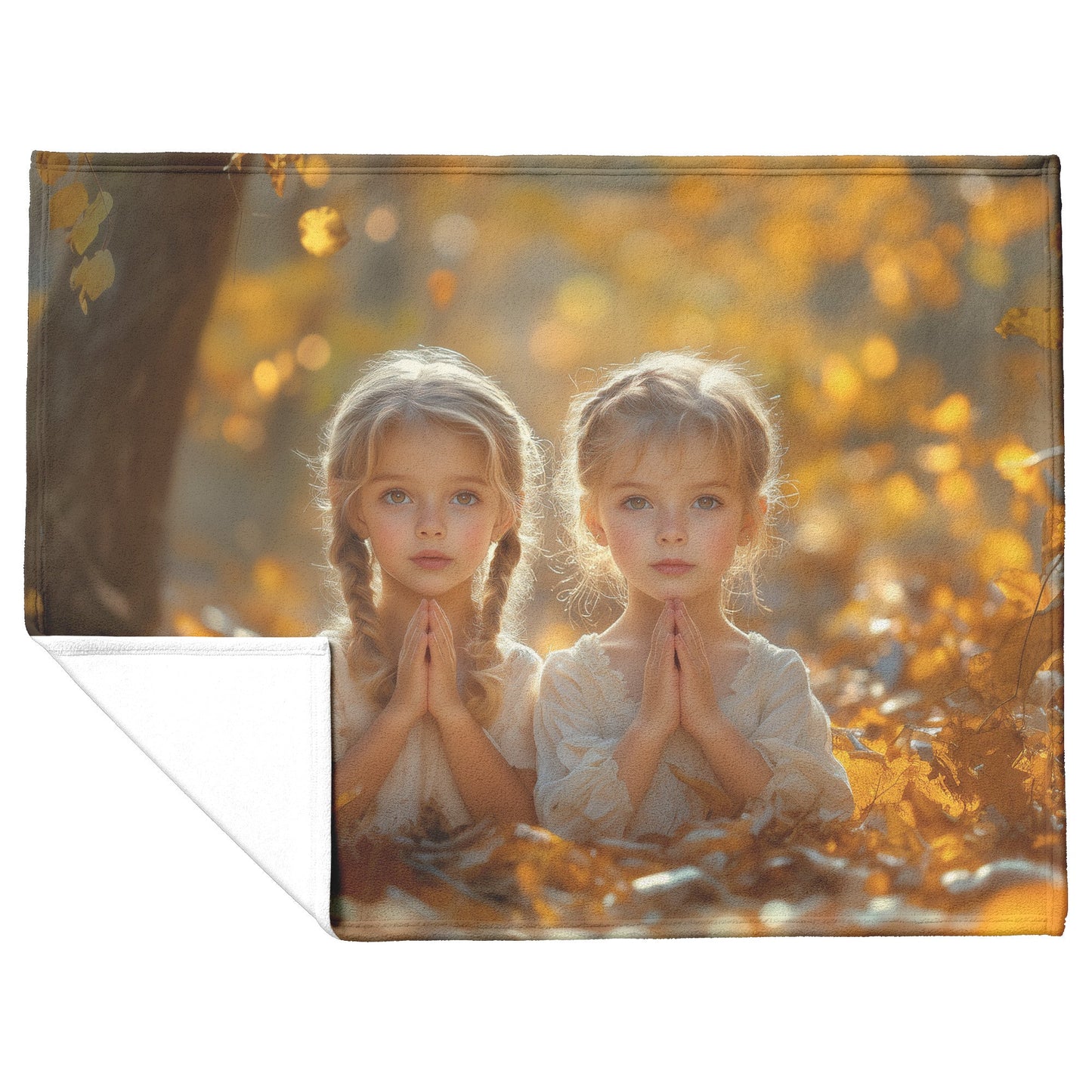 Two Sisters Praying in Autumn Forest Surrounded by Golden Leaves Cozy Christian Fleece Sherpa Blanket - Awakening Righteousness