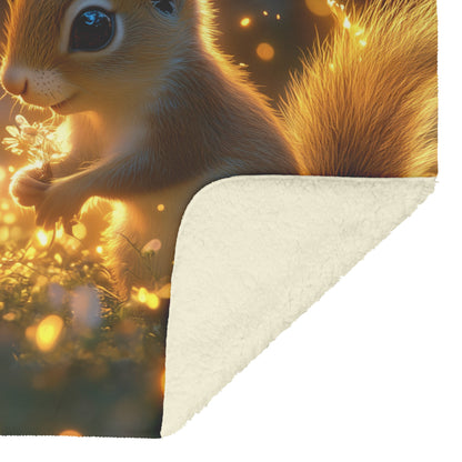 Two Squirrels Playing in Magical Meadow with Glowing Flowers and Fireflies Under Twilight Sky Fleece Sherpa Blanket - Awakening Righteousness