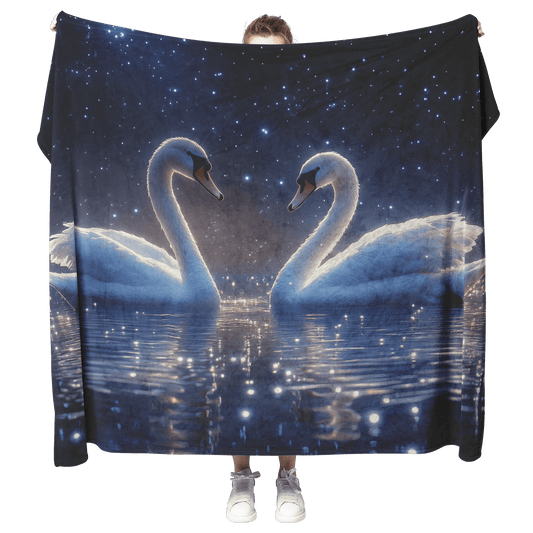 Two Swans Swimming in Bioluminescent Lake Under Twilight Sky Filled With Stars and Glowing Ripples Fleece Sherpa Blanket - Awakening Righteousness