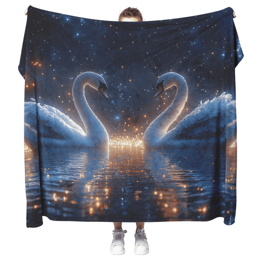 Two Swans Swimming in Bioluminescent Lake Under Twilight Sky Filled With Stars and Glowing Ripples Fleece Sherpa Blanket - Awakening Righteousness