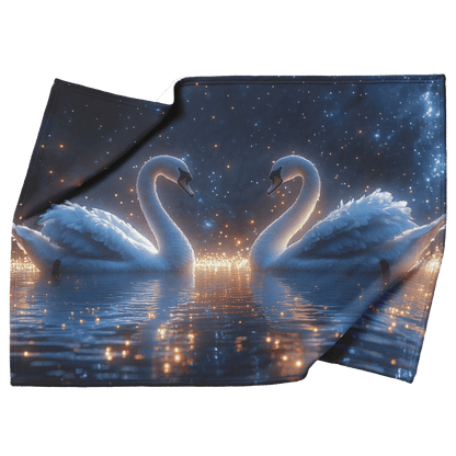 Two Swans Swimming in Bioluminescent Lake Under Twilight Sky Filled With Stars and Glowing Ripples Fleece Sherpa Blanket - Awakening Righteousness