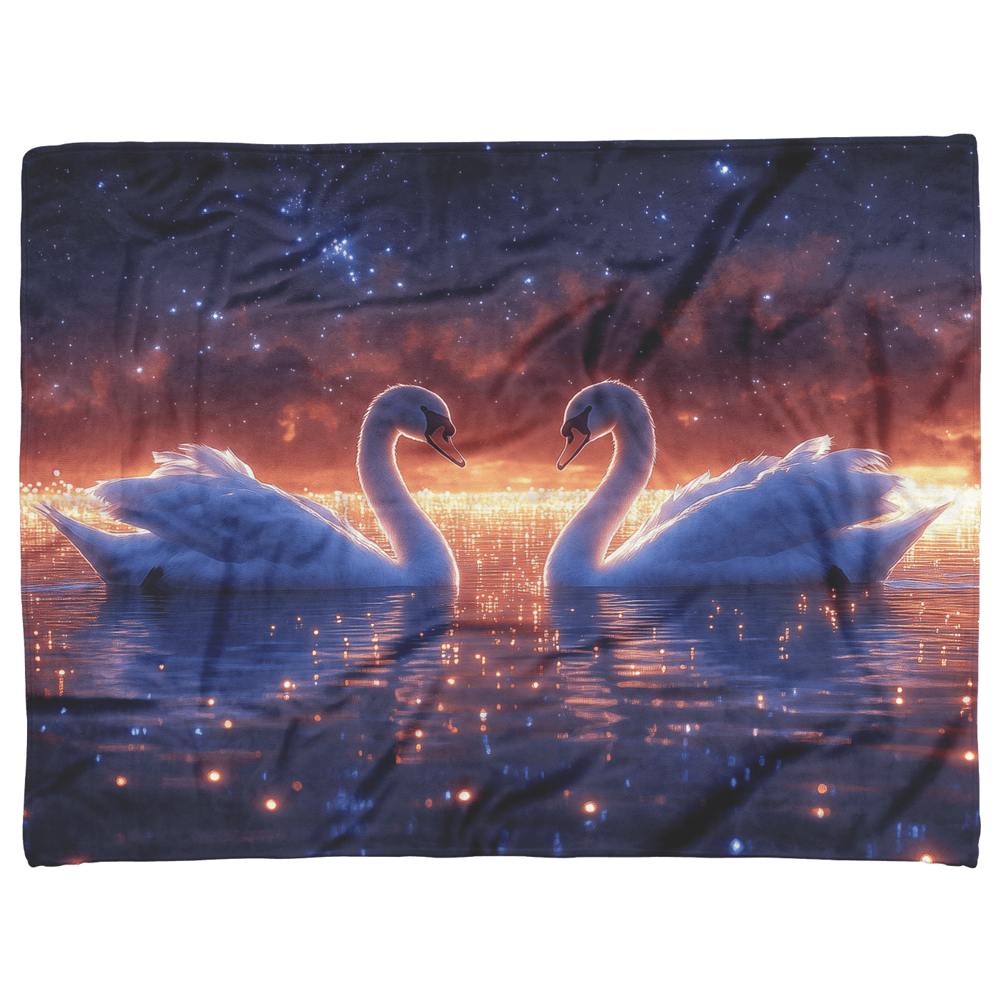 Two Swans Swimming in Bioluminescent Lake Under Twilight Sky Filled With Stars and Glowing Ripples Fleece Sherpa Blanket - Awakening Righteousness