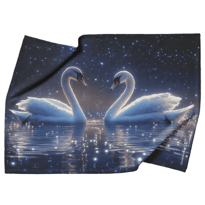 Two Swans Swimming in Bioluminescent Lake Under Twilight Sky Filled With Stars and Glowing Ripples Fleece Sherpa Blanket - Awakening Righteousness