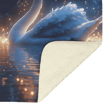 Two Swans Swimming in Bioluminescent Lake Under Twilight Sky Filled With Stars and Glowing Ripples Fleece Sherpa Blanket - Awakening Righteousness
