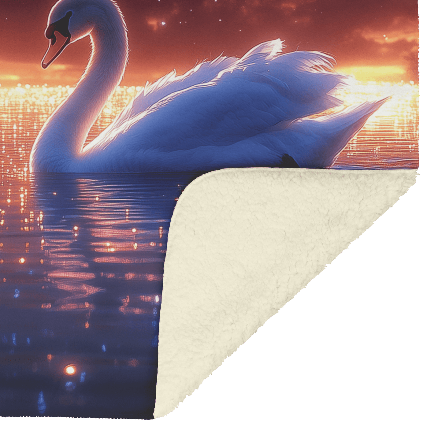 Two Swans Swimming in Bioluminescent Lake Under Twilight Sky Filled With Stars and Glowing Ripples Fleece Sherpa Blanket - Awakening Righteousness
