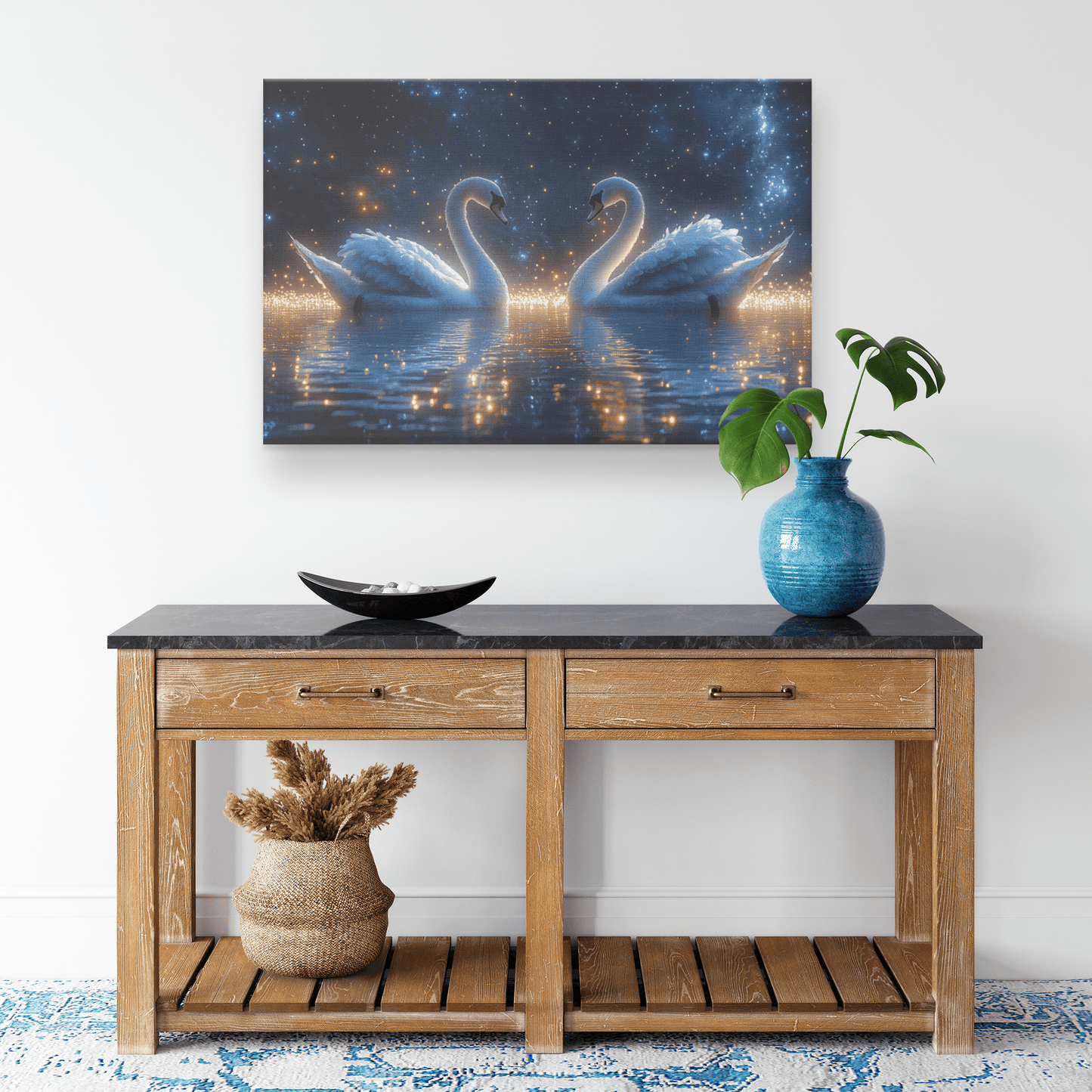 Two Swans Swimming In Bioluminescent Lake Under Twilight Sky With Stars And Glowing Ripples Canvas Wall Art Decor - Awakening Righteousness