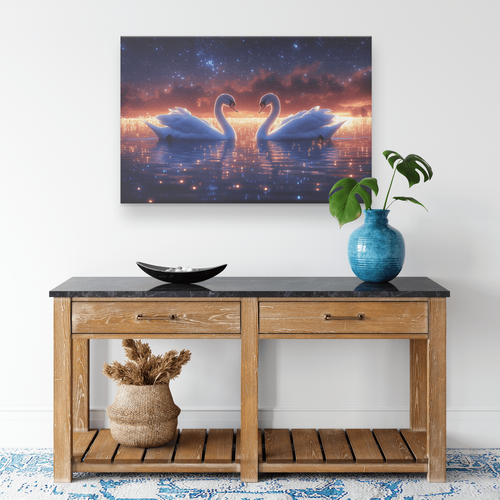 Two Swans Swimming In Bioluminescent Lake Under Twilight Sky With Stars And Glowing Ripples Canvas Wall Art Decor - Awakening Righteousness