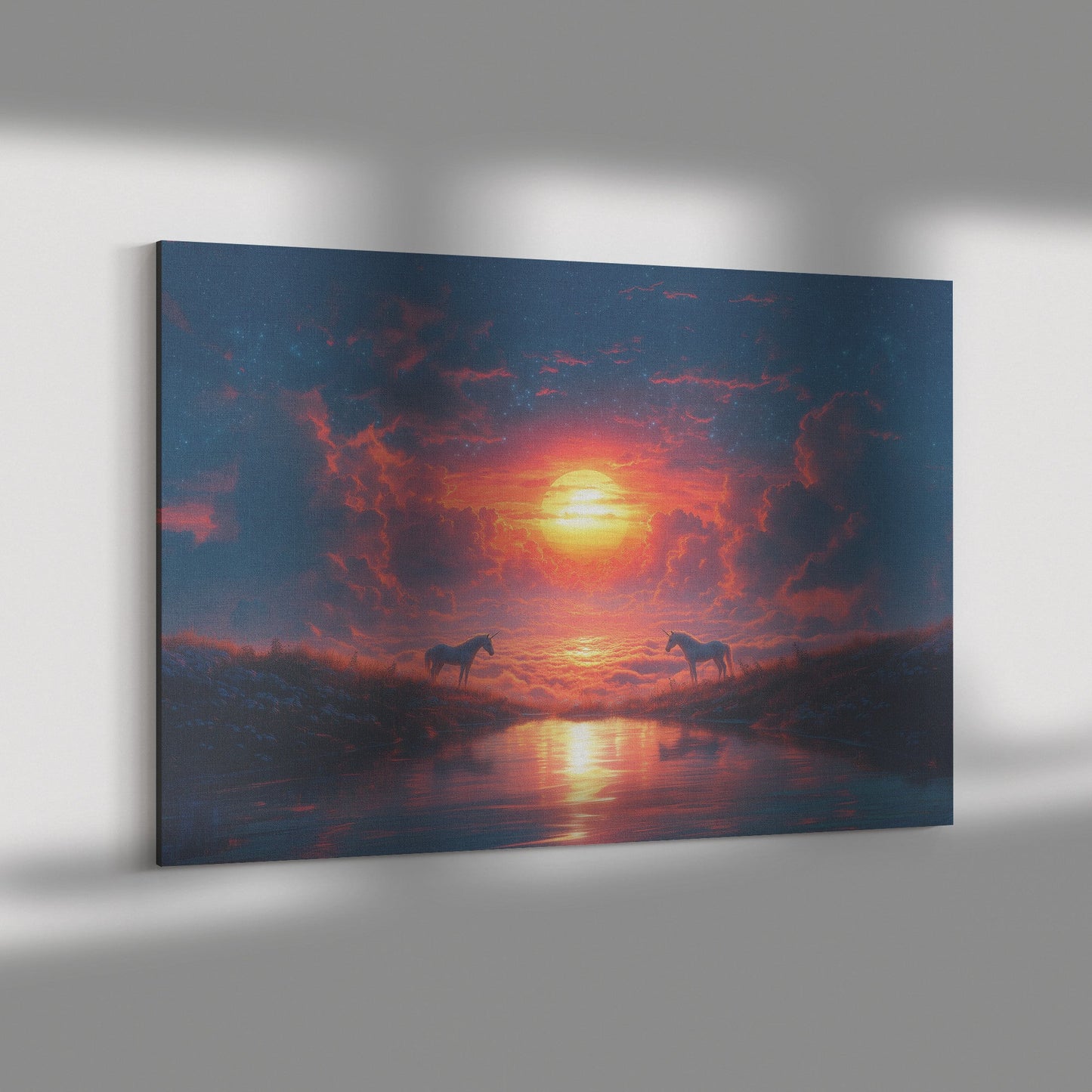 Two Unicorns Under Vibrant Glowing Sunset Surrounded by Shimmering Clouds and Starlight Canvas Wall Art Decor - Awakening Righteousness