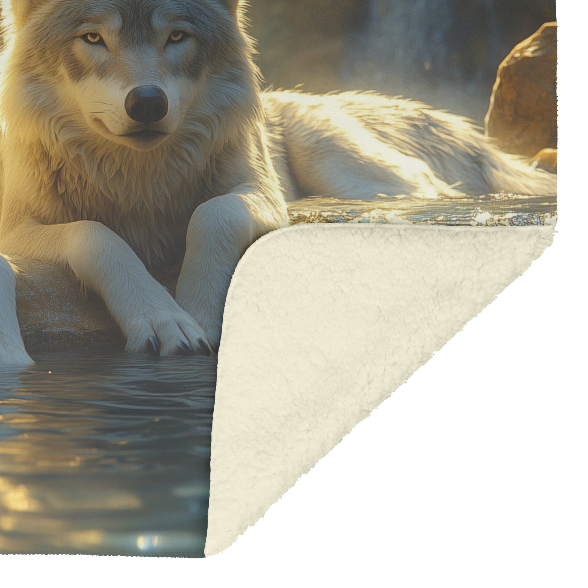 Two Wolves Resting Peacefully Near Glowing Crystal Clear Stream Surrounded by Lush Natural Scenery Sherpa Blanket - Awakening Righteousness