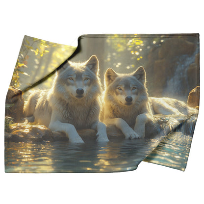 Two Wolves Resting Peacefully Near Glowing Crystal Clear Stream Surrounded by Lush Natural Scenery Sherpa Blanket - Awakening Righteousness