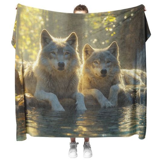 Two Wolves Resting Peacefully Near Glowing Crystal Clear Stream Surrounded by Lush Natural Scenery Sherpa Blanket - Awakening Righteousness