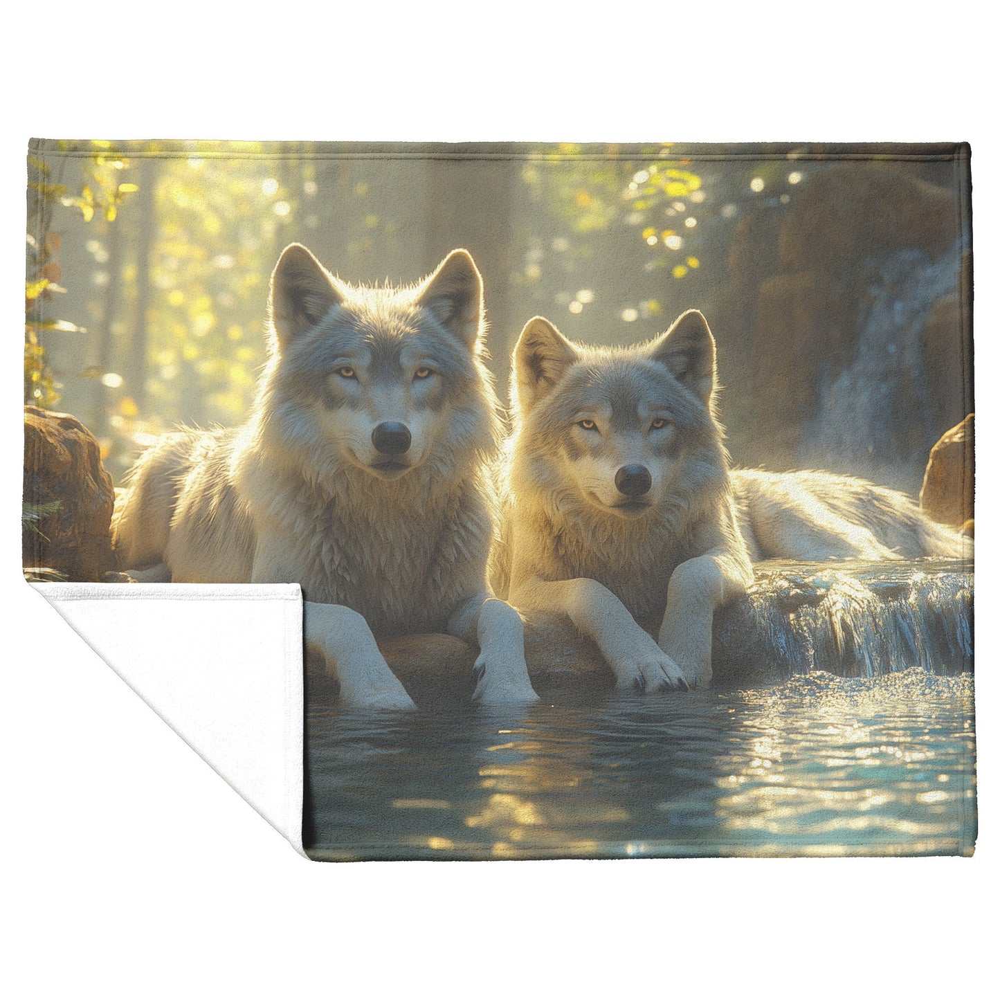 Two Wolves Resting Peacefully Near Glowing Crystal Clear Stream Surrounded by Lush Natural Scenery Sherpa Blanket - Awakening Righteousness