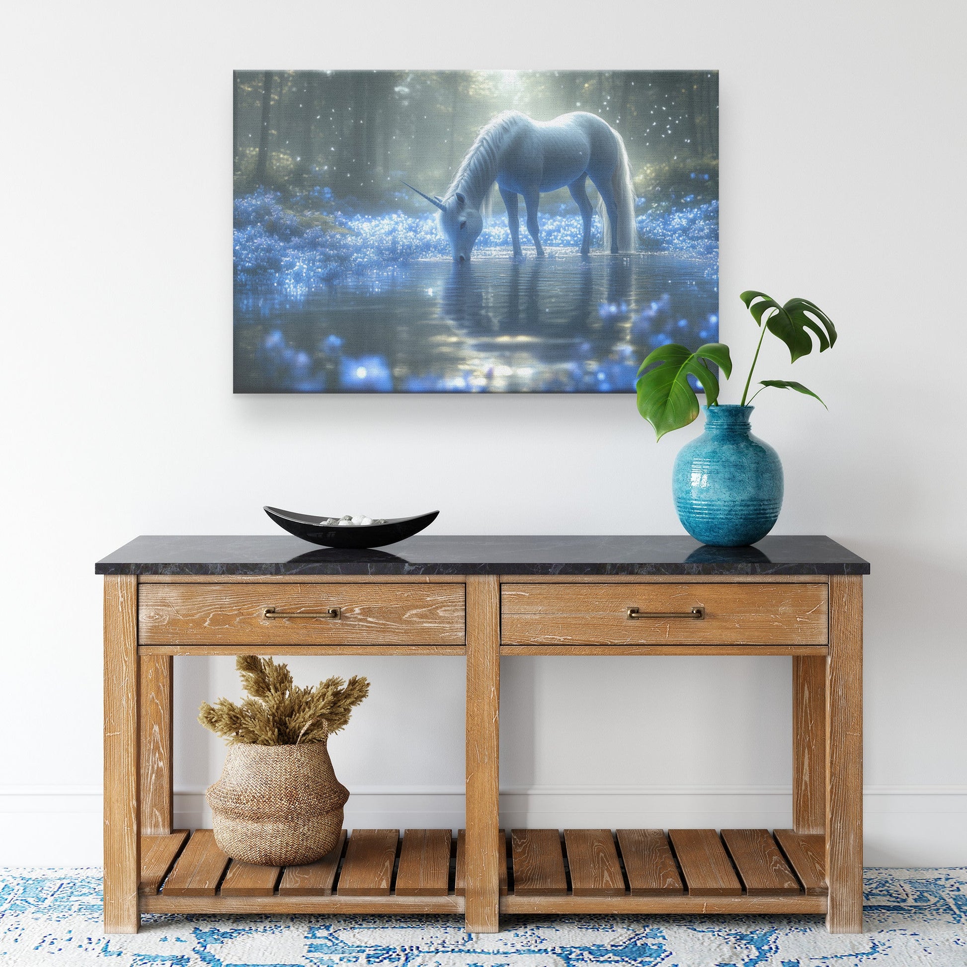 Unicorn Drinking from Glowing Pond Surrounded by Crystal Flowers in Twilight Forest Canvas Wall Art - Awakening Righteousness