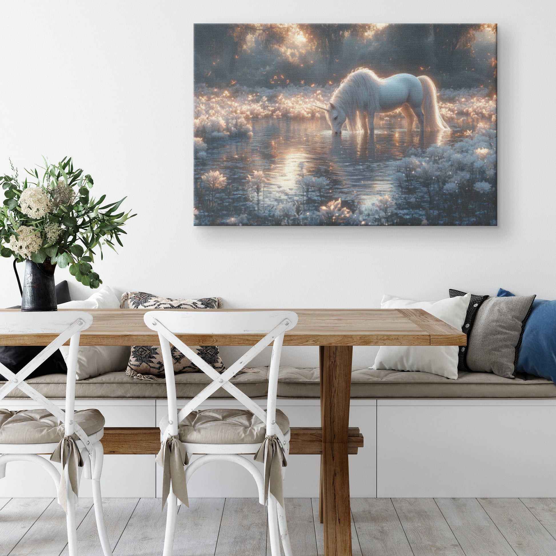 Unicorn Drinking from Glowing Pond Surrounded by Crystal Flowers in Twilight Forest Canvas Wall Art - Awakening Righteousness