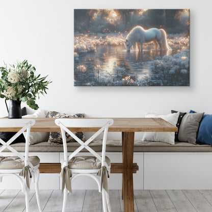 Unicorn Drinking from Glowing Pond Surrounded by Crystal Flowers in Twilight Forest Canvas Wall Art - Awakening Righteousness