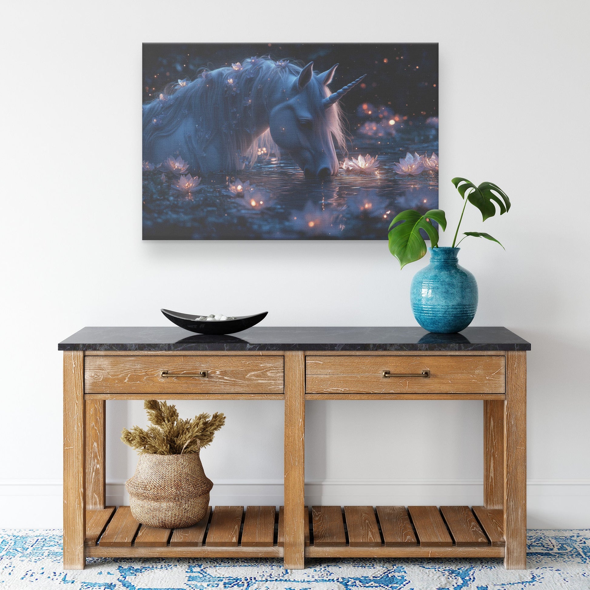 Unicorn Drinking from Glowing Pond Surrounded by Crystal Flowers in Twilight Forest Canvas Wall Art - Awakening Righteousness