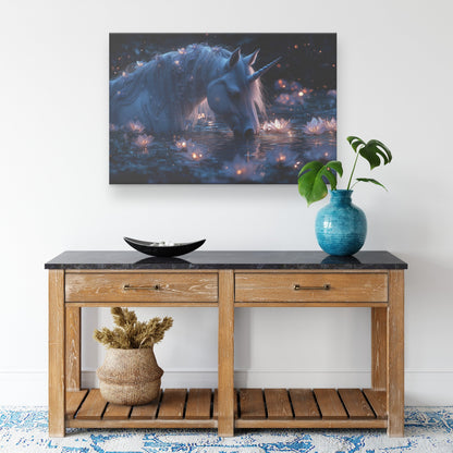 Unicorn Drinking from Glowing Pond Surrounded by Crystal Flowers in Twilight Forest Canvas Wall Art - Awakening Righteousness