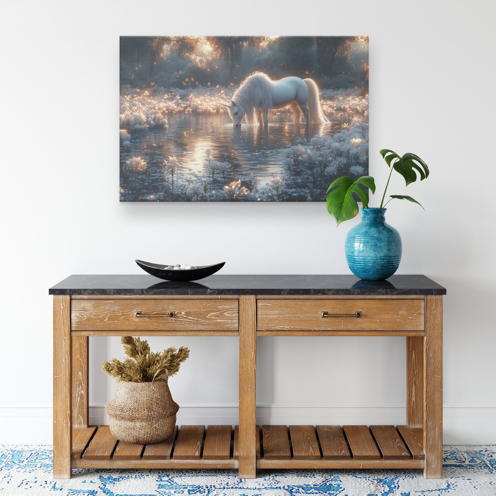 Unicorn Drinking from Glowing Pond Surrounded by Crystal Flowers in Twilight Forest Canvas Wall Art - Awakening Righteousness