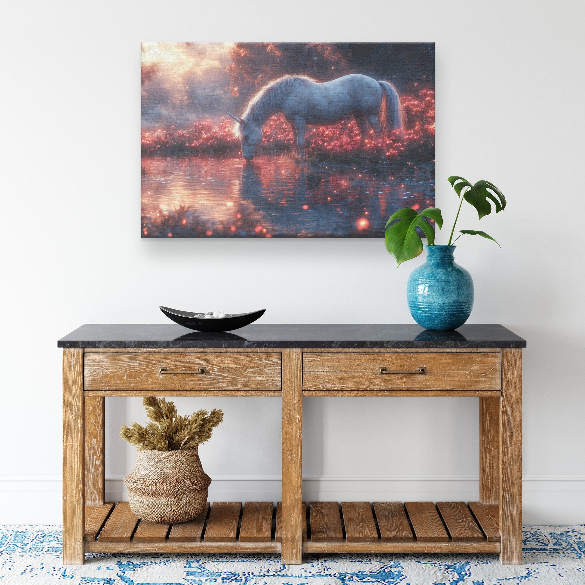 Unicorn Drinking from Glowing Pond Surrounded by Crystal Flowers in Twilight Forest Canvas Wall Art - Awakening Righteousness