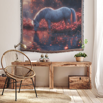 Unicorn Drinking from Glowing Pond Surrounded by Crystal Flowers in Twilight Forest Woven Throw Blanket - Awakening Righteousness