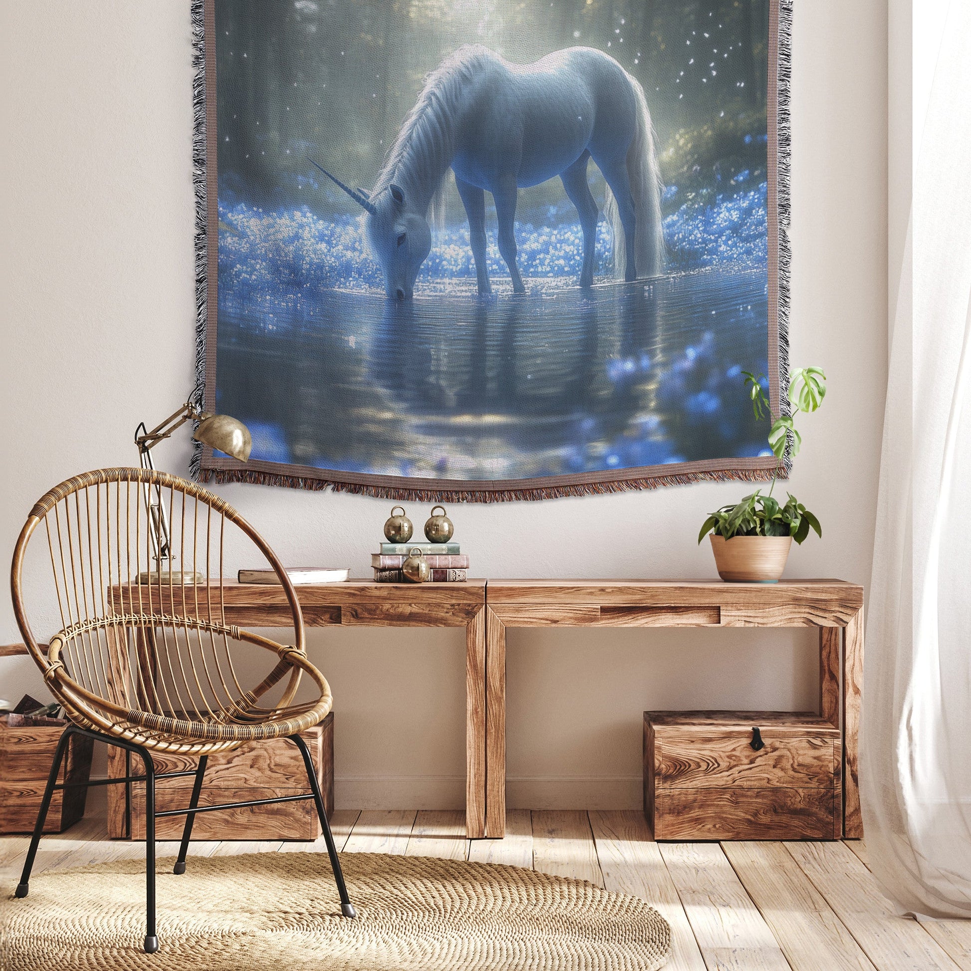 Unicorn Drinking from Glowing Pond Surrounded by Crystal Flowers in Twilight Forest Woven Throw Blanket - Awakening Righteousness