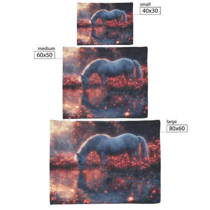 Unicorn Drinking from Glowing Pond with Crystal Flowers in Twilight Forest Fleece Sherpa Blanket - Awakening Righteousness