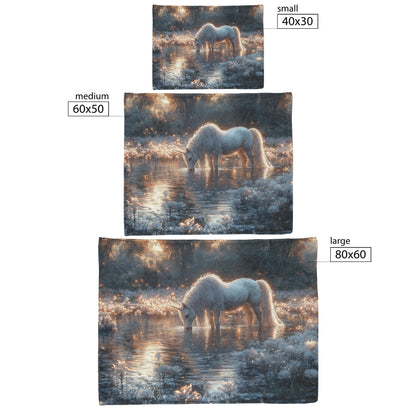 Unicorn Drinking from Glowing Pond with Crystal Flowers in Twilight Forest Fleece Sherpa Blanket - Awakening Righteousness