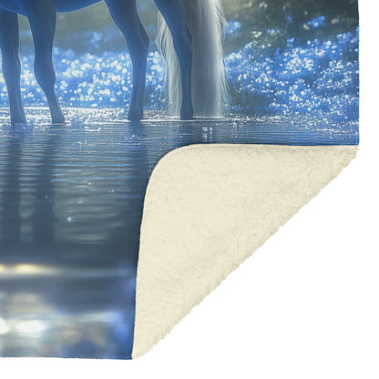 Unicorn Drinking from Glowing Pond with Crystal Flowers in Twilight Forest Fleece Sherpa Blanket - Awakening Righteousness