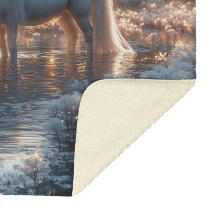 Unicorn Drinking from Glowing Pond with Crystal Flowers in Twilight Forest Fleece Sherpa Blanket - Awakening Righteousness