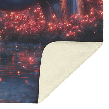 Unicorn Drinking from Glowing Pond with Crystal Flowers in Twilight Forest Fleece Sherpa Blanket - Awakening Righteousness