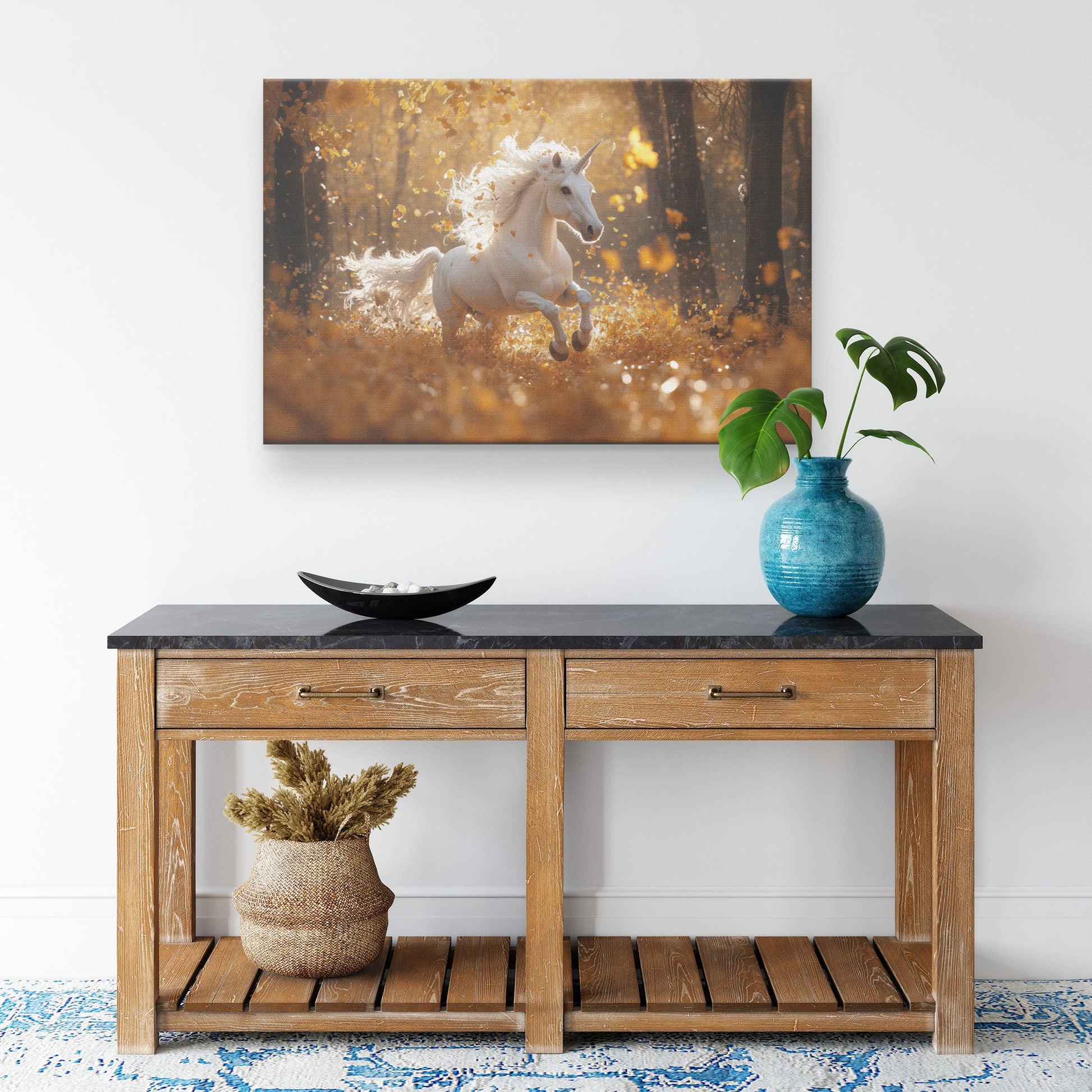 Unicorn Galloping Through Golden Autumn Leaves in Magical Forest with Soft Ethereal Light Canvas Wall Art Decor - Awakening Righteousness