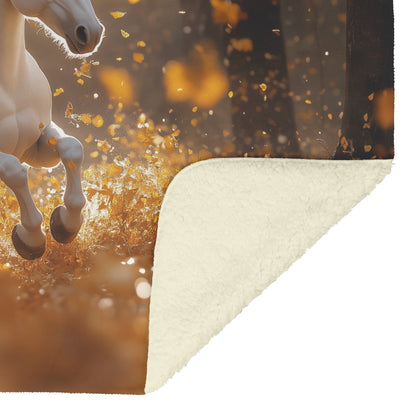 Unicorn Galloping Through Golden Autumn Leaves in Magical Forest with Soft Ethereal Light Fleece Sherpa Blanket - Awakening Righteousness