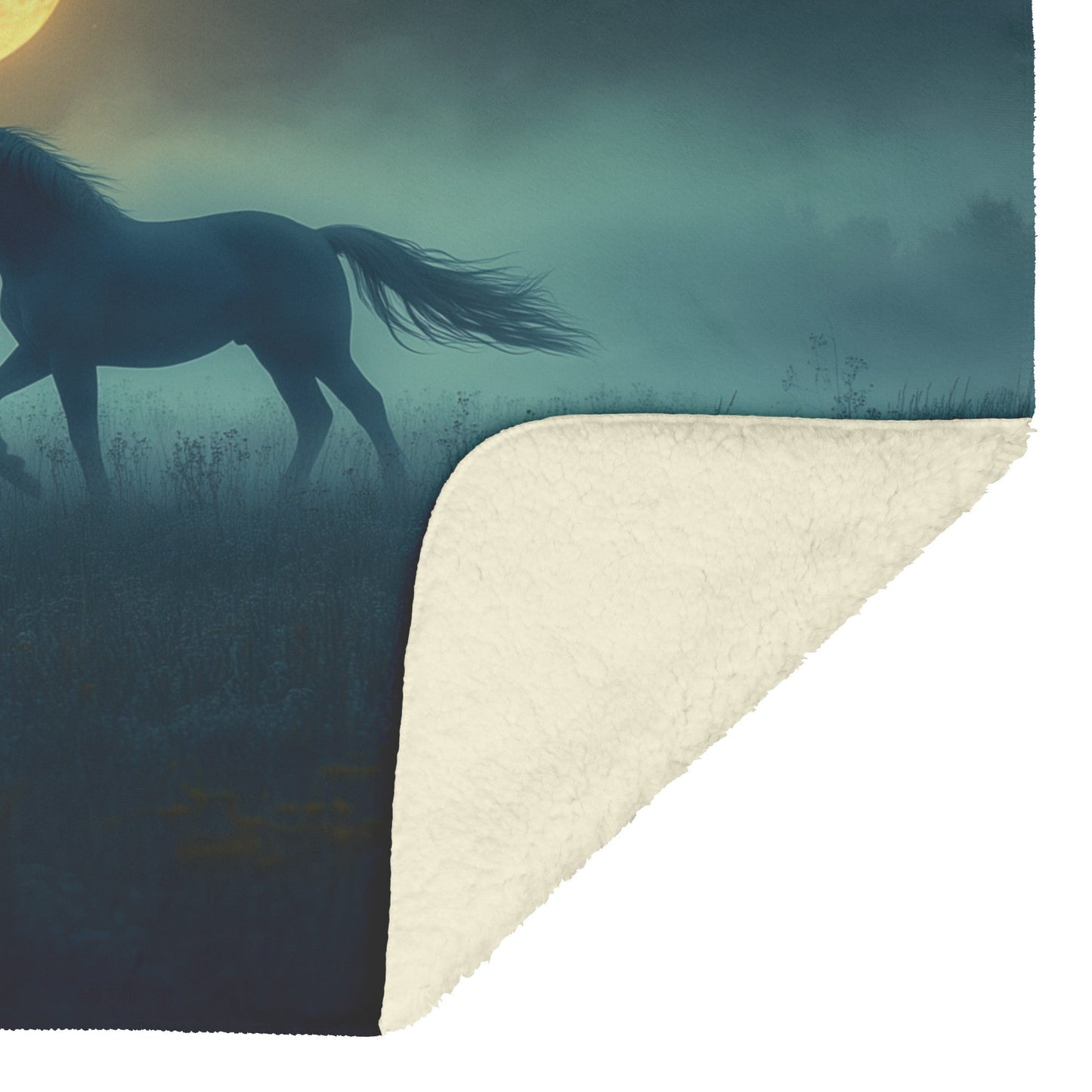 Unicorn Silhouetted Against Glowing Full Moon on Misty Hilltop with Silver Light Shimmering Mane Fleece Sherpa Blanket - Awakening Righteousness