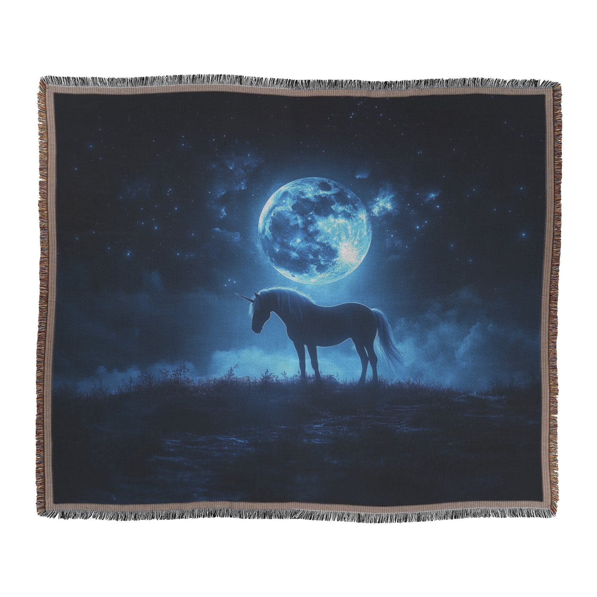 Unicorn Silhouetted Against Glowing Full Moon Woven Throw Blanket with Silver Light and Shimmering Mane on Misty Hilltop - Awakening Righteousness