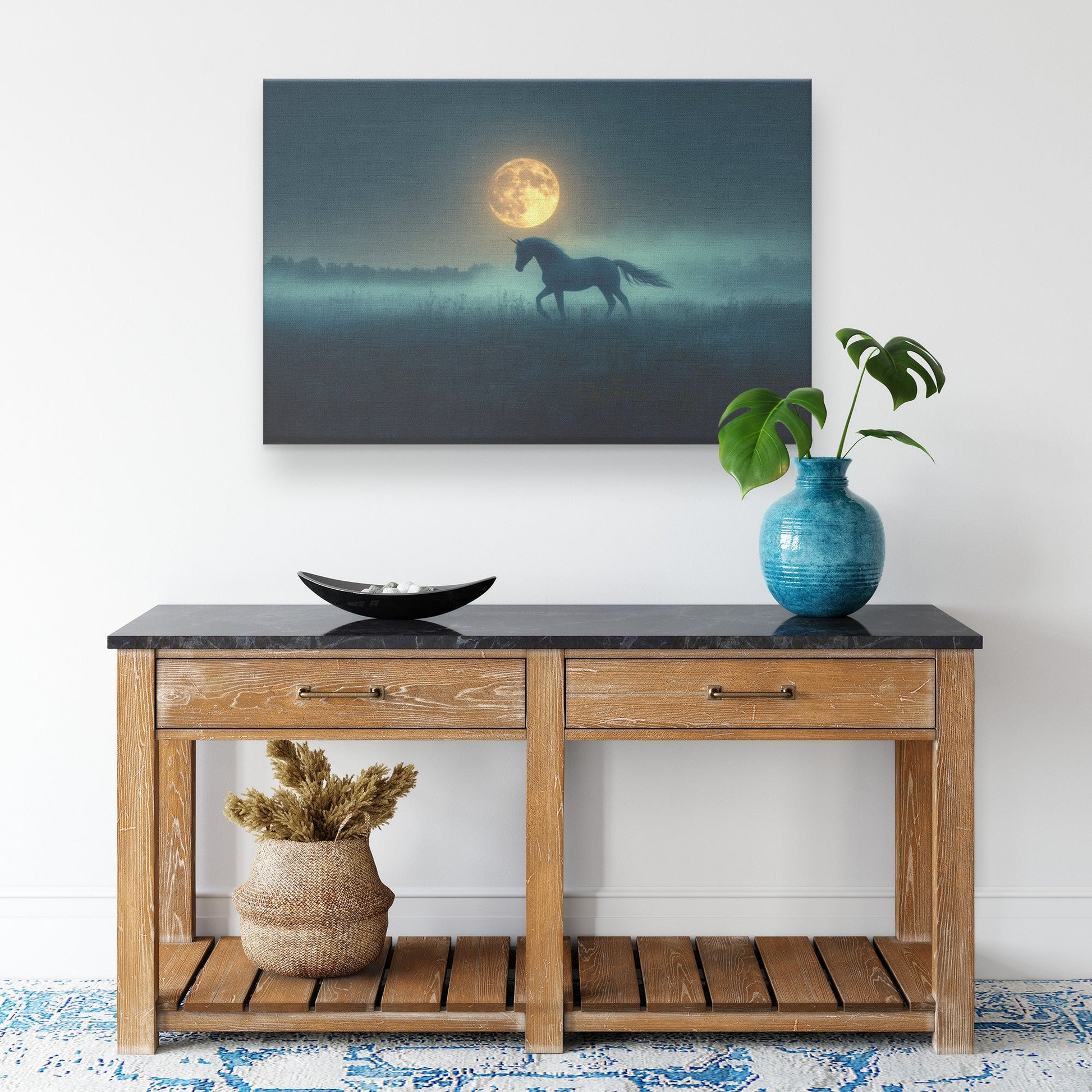 Unicorn Silhouetted Against Massive Glowing Full Moon on Misty Hilltop with Silver Mane Canvas Wall Art Decor - Awakening Righteousness