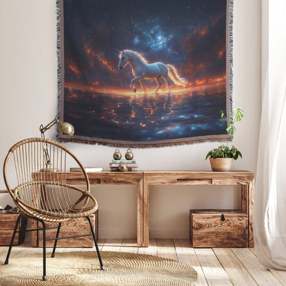 Unicorn Walking on Glowing Crystal Clear Water Woven Throw Blanket Under Starry Night Sky with Silver Light Mane - Awakening Righteousness