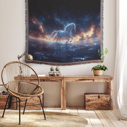Unicorn Walking on Glowing Crystal Clear Water Woven Throw Blanket Under Starry Night Sky with Silver Light Mane - Awakening Righteousness