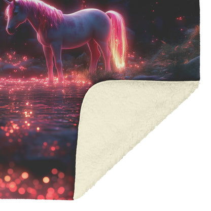 Unicorn with Shimmering Rainbow Mane Near Glowing Waterfall Surrounded by Lush Plants Fleece Sherpa Blanket - Awakening Righteousness