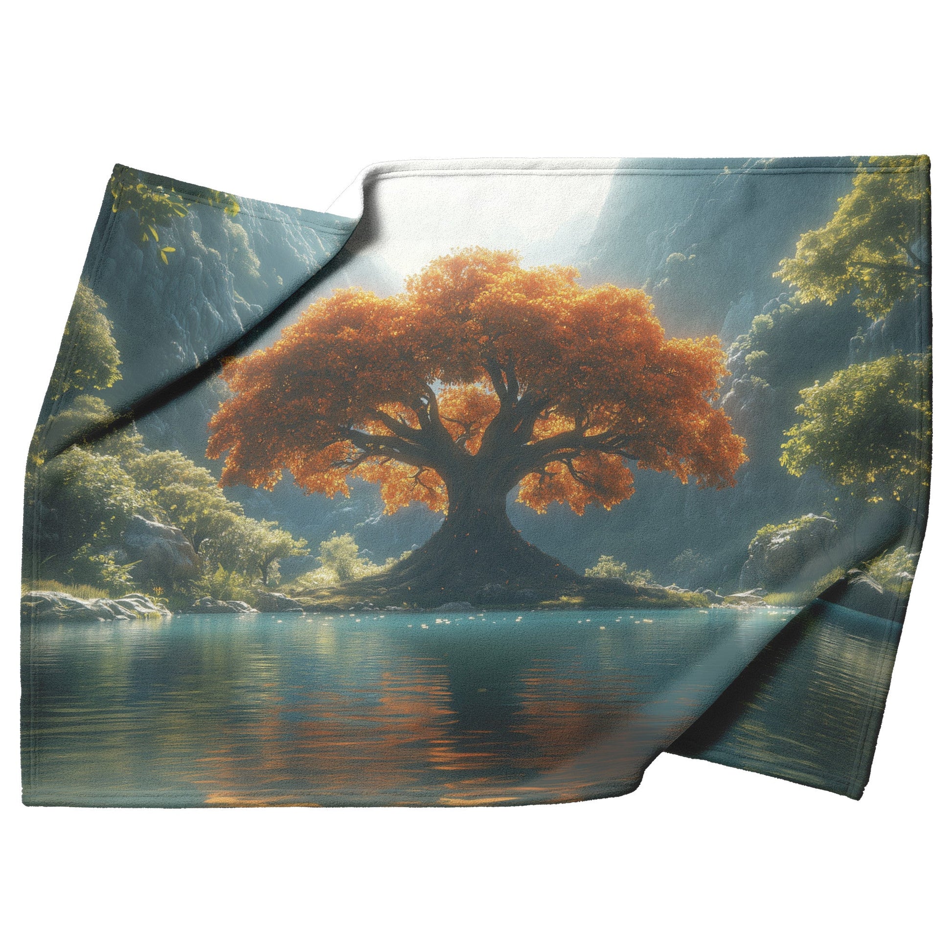 Vibrant Autumn Tree of Life Tranquil Lake Cascading Waterfalls Cozy Fleece Sherpa Blanket - Awakening Righteousness