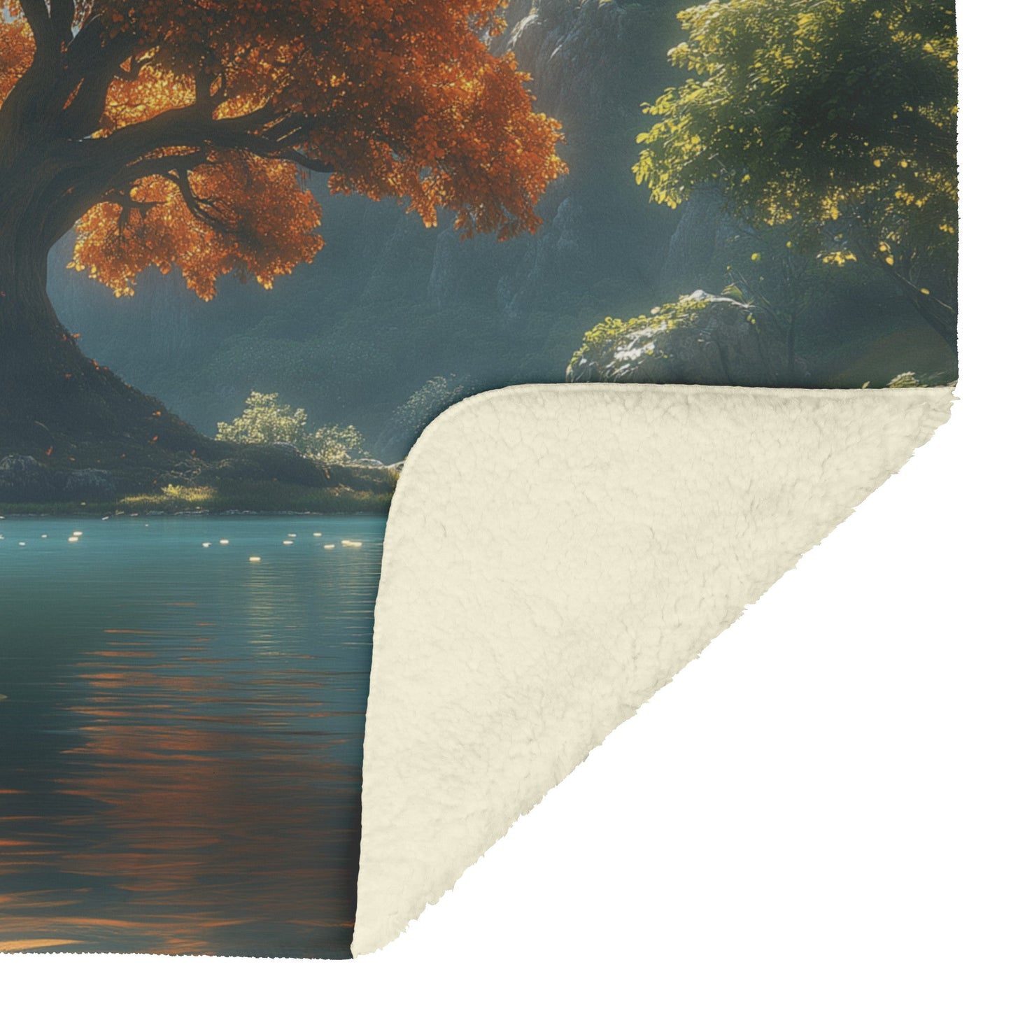 Vibrant Autumn Tree of Life Tranquil Lake Cascading Waterfalls Cozy Fleece Sherpa Blanket - Awakening Righteousness