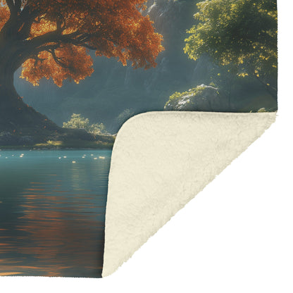 Vibrant Autumn Tree of Life Tranquil Lake Cascading Waterfalls Cozy Fleece Sherpa Blanket - Awakening Righteousness