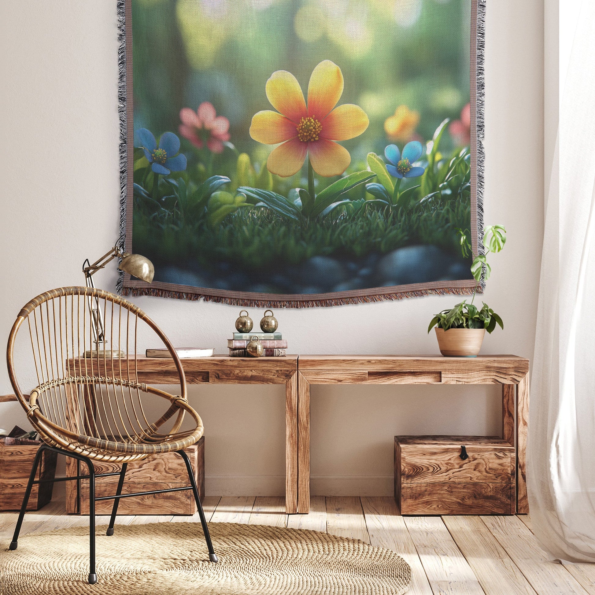 Vibrant Colorful Blooming Flowers with Greenery and Soft Sunlight for Woven Throw Blanket Design - Awakening Righteousness