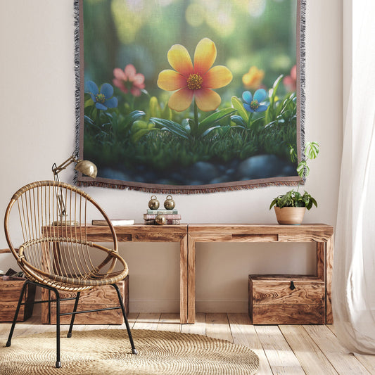 Vibrant Colorful Blooming Flowers with Greenery and Soft Sunlight for Woven Throw Blanket Design - Awakening Righteousness
