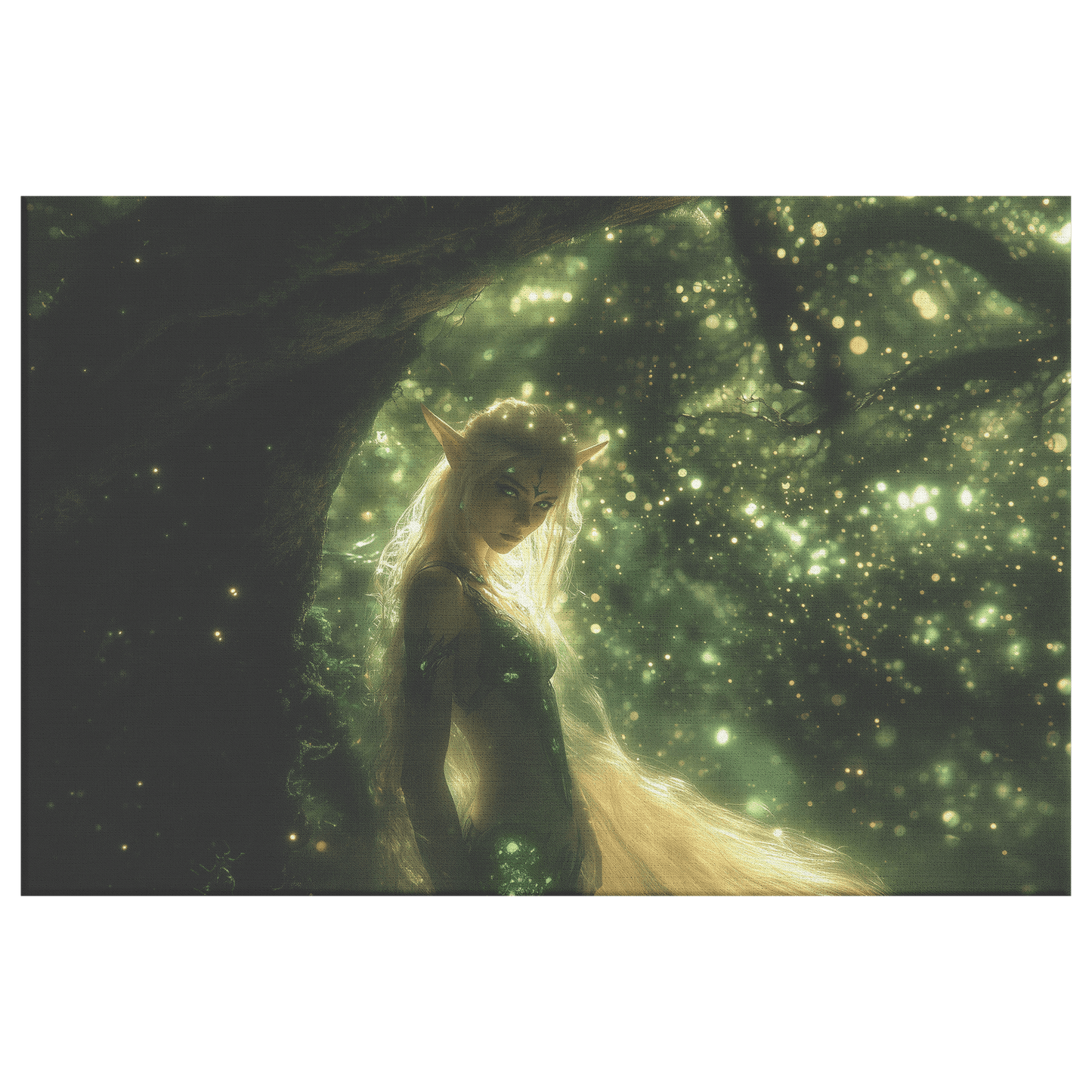 Vibrant Female Blood Elf Hunter in Enchanted Forest with Golden Mist and Radiant Green Light Canvas Wall Art - Awakening Righteousness