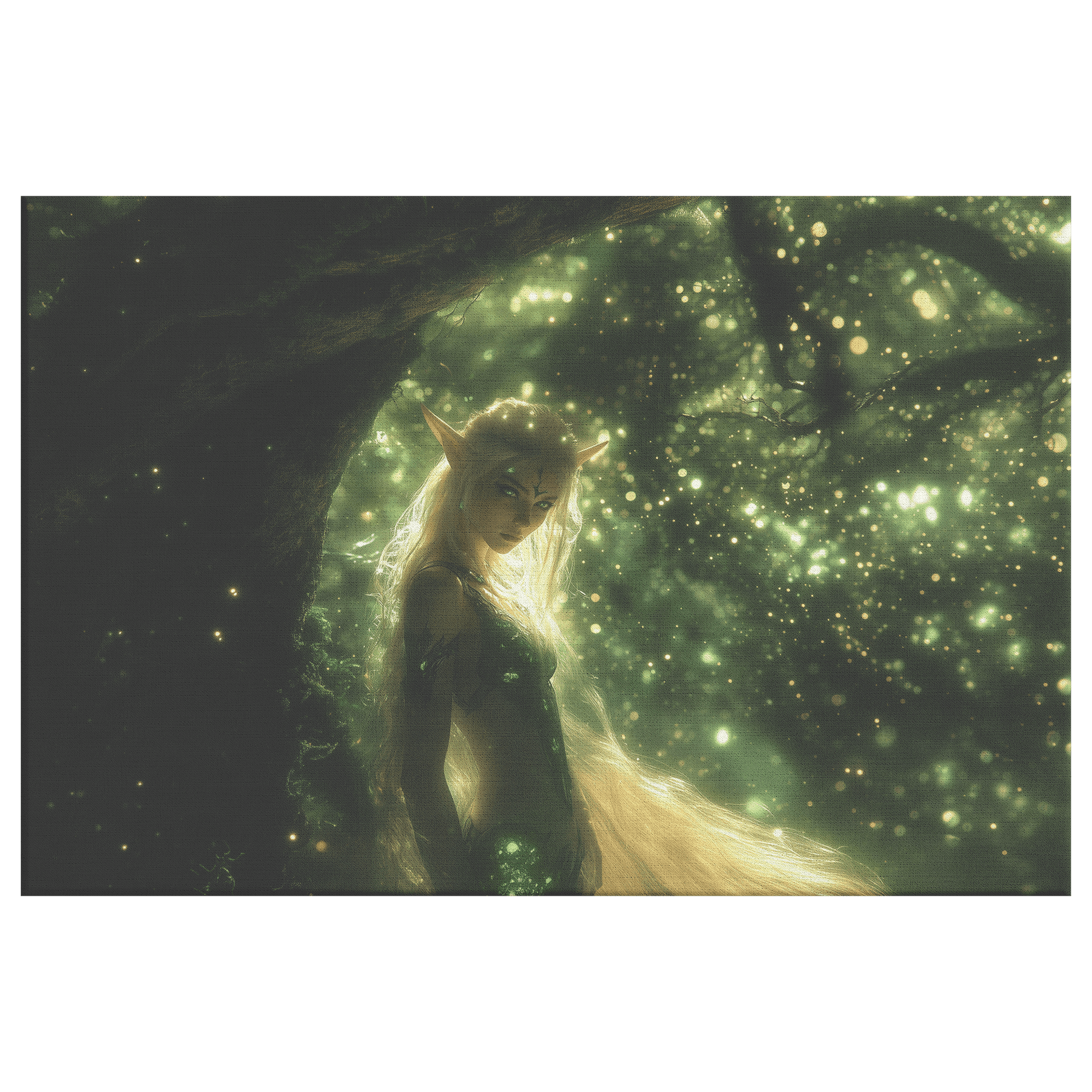 Vibrant Female Blood Elf Hunter in Enchanted Forest with Golden Mist and Radiant Green Light Canvas Wall Art - Awakening Righteousness